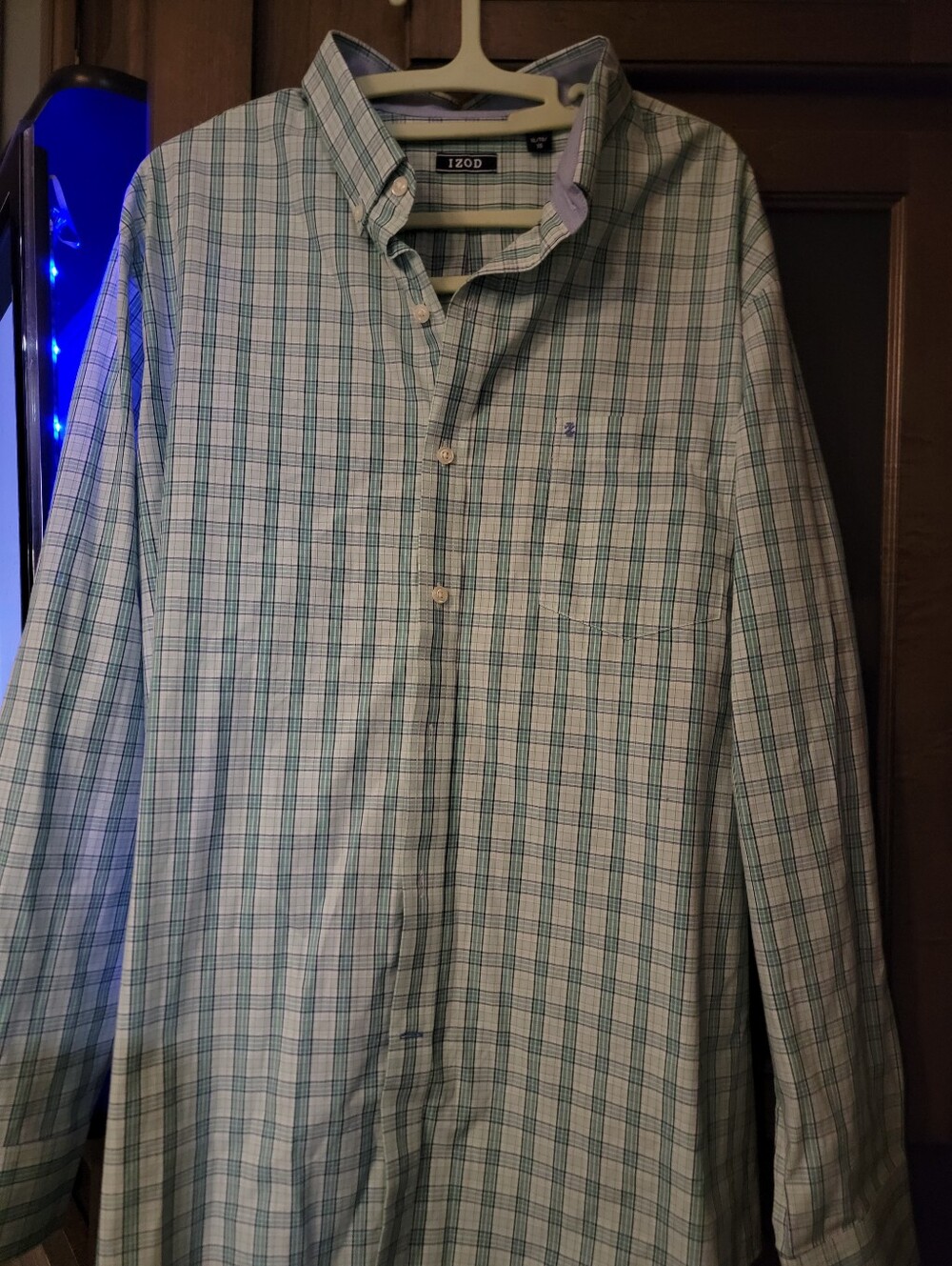 Izod Men's Light Green & White Plaid Button-Down Shirt-size XL